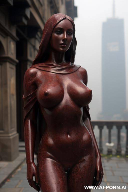 (((dark red rough stone of nude statue))), ((beautiful tits)), simple stone art, solid veil, faceless, totally nude, entirely naked, wide shoulders, extremely detailed and very hairy pussy, (old city), smog and soot in background, - #main