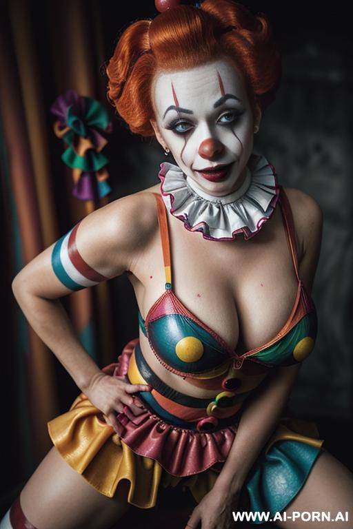 fit woman wearing a lewd clown suit who has red hair (pixie cut), lewd skirt, piercings, black leather, play, big ass, ruined makeup, runny mascara, tears, buttplug, bdsm, on all fours presenting her ass, buttplug, buttplug - #main