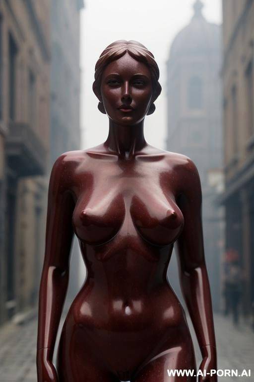 (((dark red rough stone of nude statue))), ((beautiful tits)), simple stone art, solid veil, faceless, totally nude, entirely naked, wide shoulders, extremely detailed and very pussy, (old city), smog and soot in background, - #main