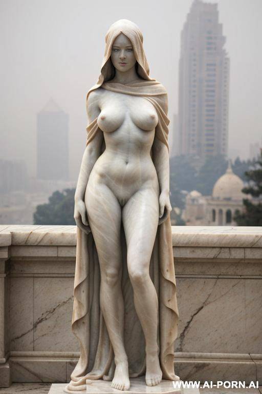 ((real marble of nude statue)), ((beautiful tits)), simple stone art, solid veil, faceless, totally nude, entirely naked, wide shoulders, extremely detailed and hairy pussy, (old city), smog and soot in background, - #main