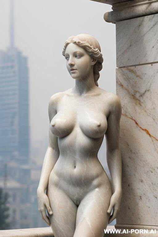 ((real marble of nude statue)), ((beautiful tits)), simple stone art, faceless, totally nude, entirely naked, wide shoulders, extremely detailed and hairy pussy, (old city), smog and soot in background, - #main