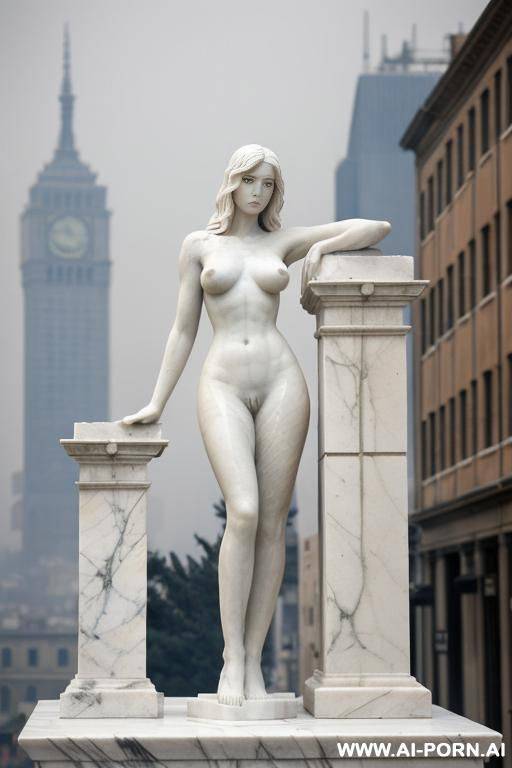 ((real marble of nude statue)), ((beautiful tits)), simple stone art, faceless, totally nude, entirely naked, wide shoulders, extremely detailed and trimmed pubic hairy pussy, (old city), smog and soot in background, - #main