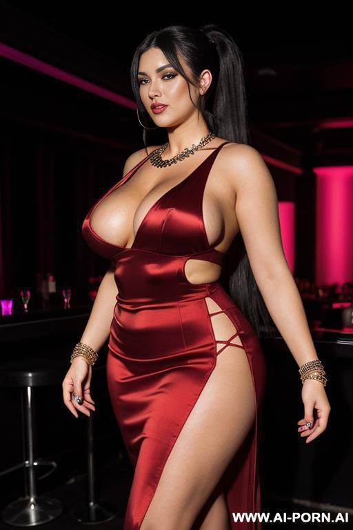 voluptuous woman walking in the night club, transparent red silk dress, long skirt, smoke in the club, hip chain, (( spiral bracelet)), super giant boobs, - #main