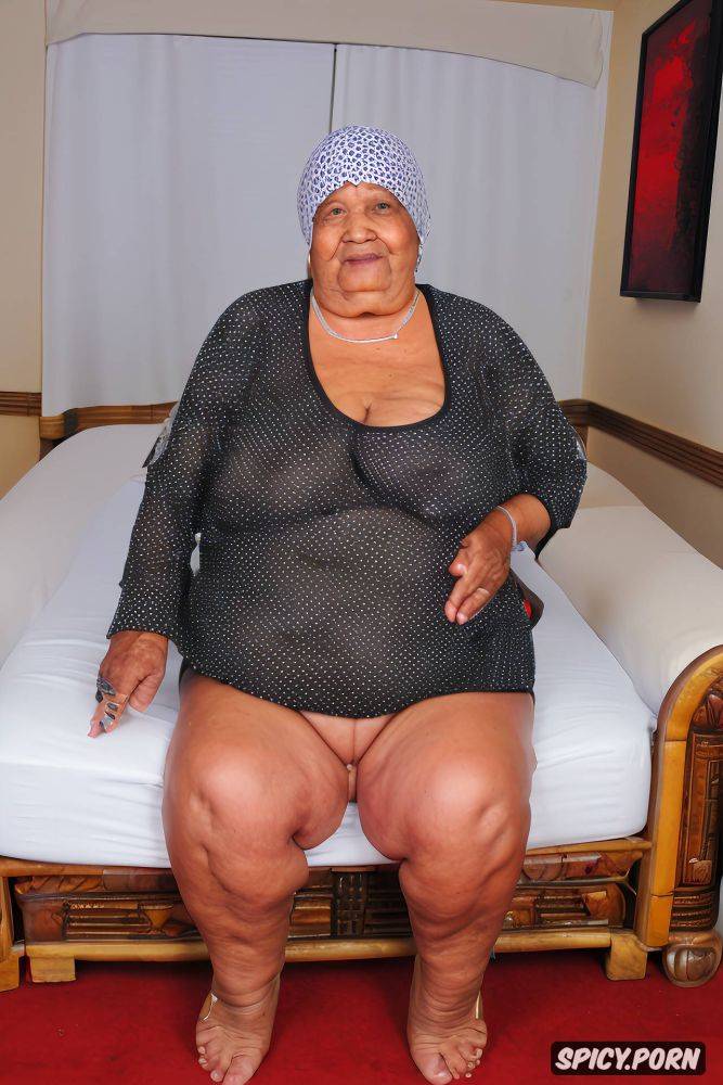 wearing tight long white shorts that cover thighs, fupa, an old fat saudi granny - #main