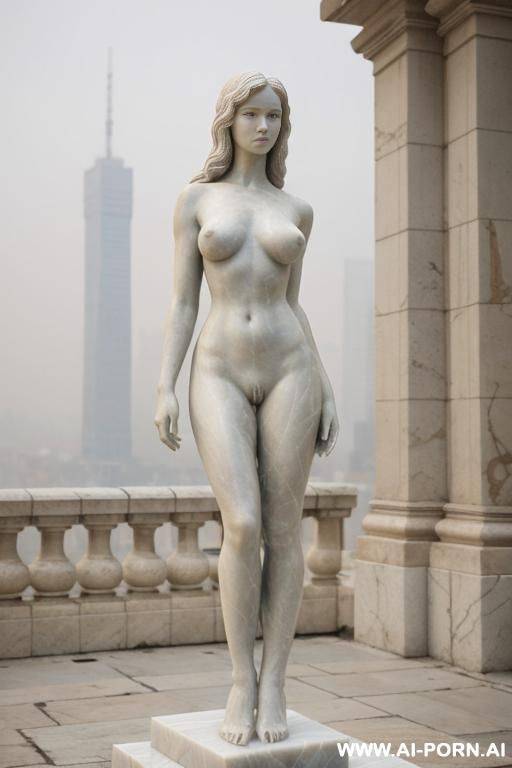 ((real marble of nude statue)), ((beautiful tits)), simple stone art, faceless, totally nude, entirely naked, wide shoulders, extremely detailed and trimmed pubic hair pussy, (old city), smog and soot in background, - #main