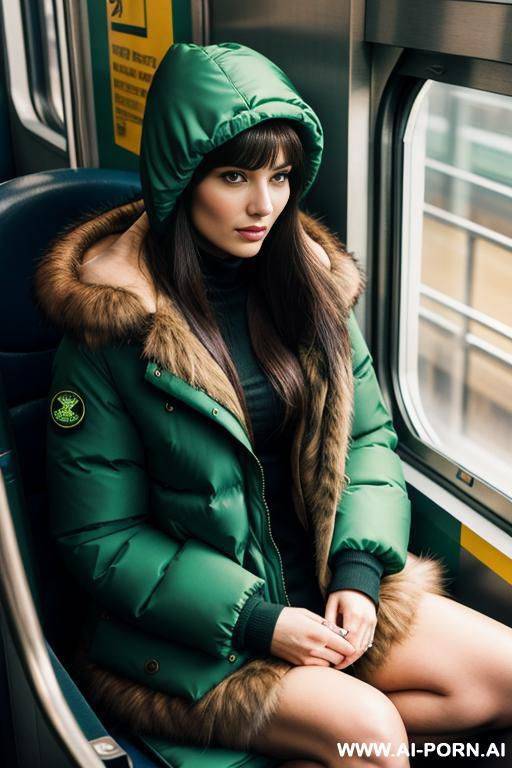 brunette sitting in train, green puffer jacket with fur hood - #main