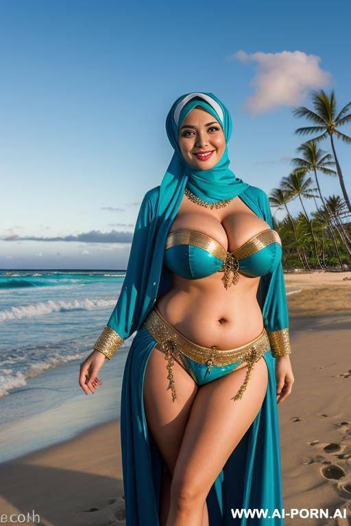 smiling busty curvy russian milf with huge boobs wearing hijab and belly dancing costume in hawaii beach - #main