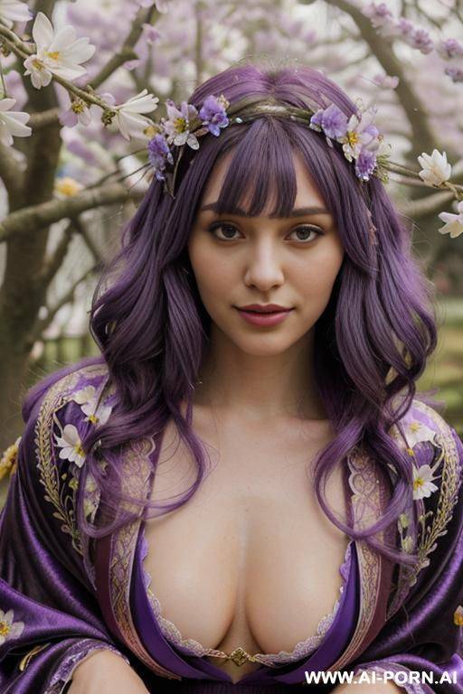 elaborate flowing purple hair, glamor, bridal dress, lol smile, bend down, nature, - #main