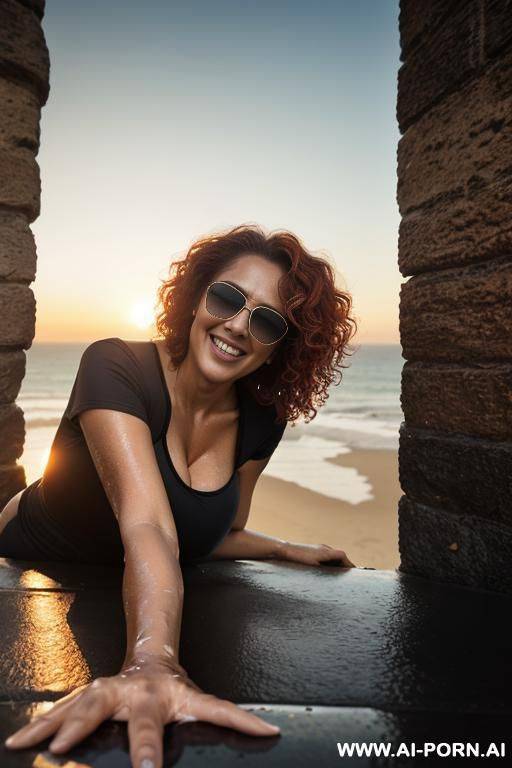 mom, european ,hairy crest, curvy ,sunglasses, boobs, neckline t-shirt fluorescent, hair wet ,brown curly ,skin wet , high hells ,road, sunset - #main