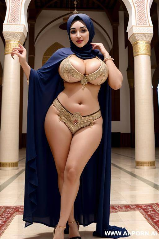 happy busty curvy russian milf with huge boobs wearing hijab and belly dancing costume exhibition nude standing in egypt masjid - #main