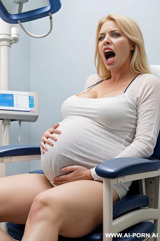 screaming angry pregnant blonde blue eyed woman in gynecologist chair in hospital - #main