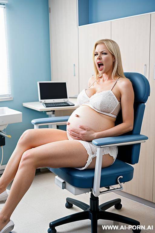 screaming angry pregnant blonde blue eyed woman in gynecologist chair with legs in stirrups in hospital - #main