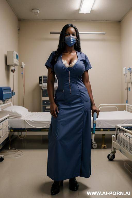 hostile angry dark skinned african nurse with long dark hair in doctors office at hospital wearing blue hospital gown and a hospital smok holding a large star shaped hammer - #main