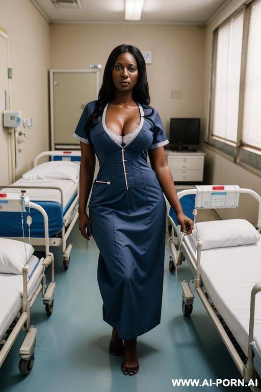 hostile angry dark skinned african nurse with long dark hair in doctors office at hospital wearing blue hospital gown and a hospital smok - #main