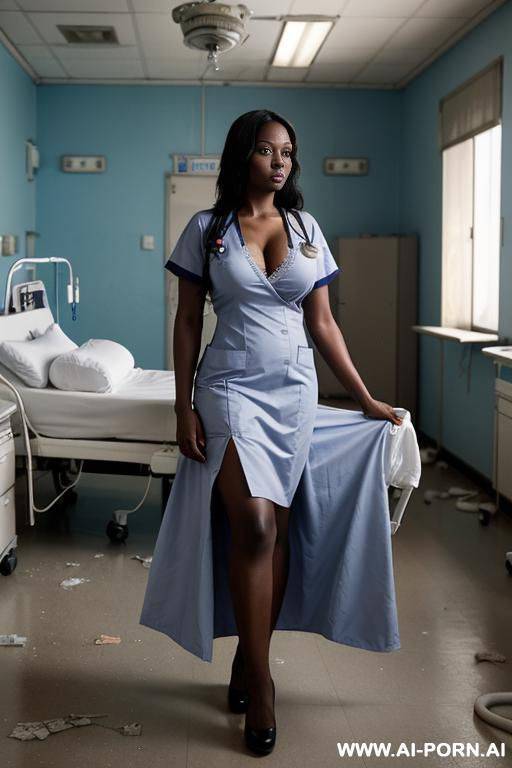 hostile dark skinned african nurse with long dark hair in doctors office at hospital wearing blue hospital gown and a hospital smok - #main