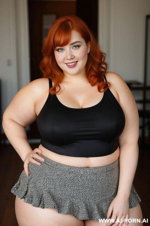 redhead bbw, chubby and very fat, thick, breasts, dimples, voluptuous shaped, wide hips, thick thighs, chubby, hair, s, slicked back hair, large forehead, black tank top, bra, areola, ruffle microskirt, fully clothed, city - #main