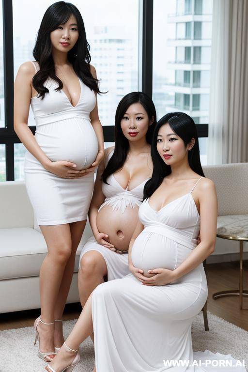 two asian women, pregnant, ((detailed faces)), wearing white dresses, in a penthouse, looking at the viewer, - #main