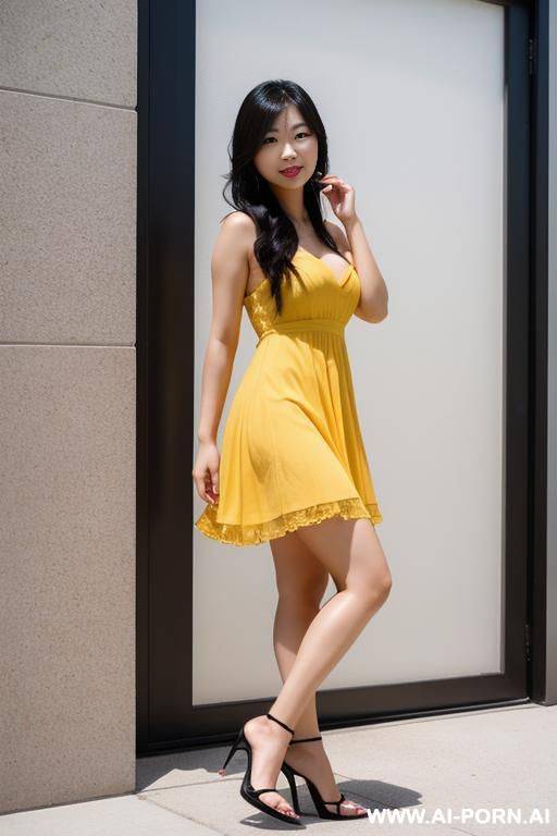 photo of an asian woman, ((detailed face)), wearing a sundress, wearing high heels, posing outside - #main