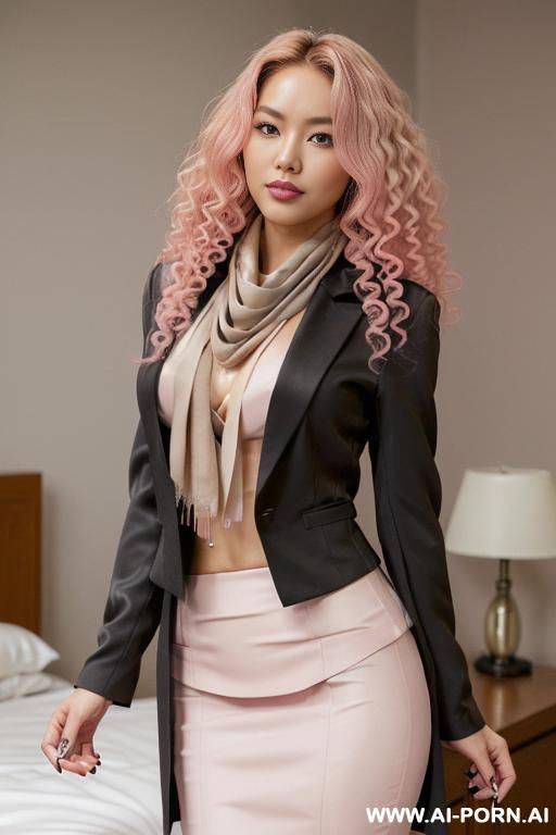 half-korean and half-japanese, a supermodel and 15cm tall, ((wearing a tailored black-gray blazer, a cream colored faux silk blouse underneath the blazer, a short, taupe colored pencil skirt, and a - #main