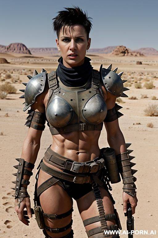 soldier on a desert battlefield. muscular body with toned abs. shorty, spiky punk hair. sweat and grime on body. armoured shoulder pads. armoured legs. holding rifle in hand. fallout raider. mad max. - #main