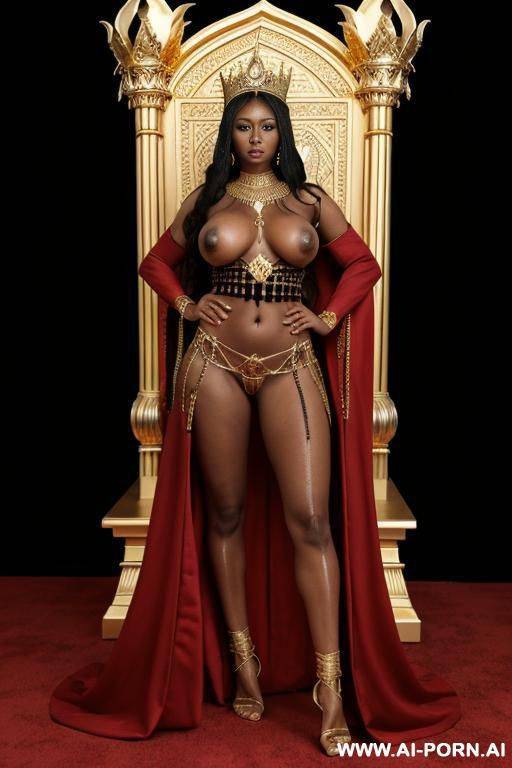 (black woman). royalty. queen, royal necklace, pierced navel, rings, long nipples, tiara, large nipples, piercings, nose stud, bracer, head dress, large areolas, oversized boobs, anklet, huge nipples, - #main