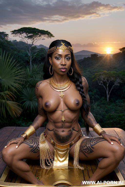 beautiful fit ethiopian queen, (lean toned body), (((defined muscles))), ((abs)), (((((saggy boobs))))), (((gold necklace))), ((long gold braided hair)), (((gold loincloth))), squatting on a wooden raft - #main