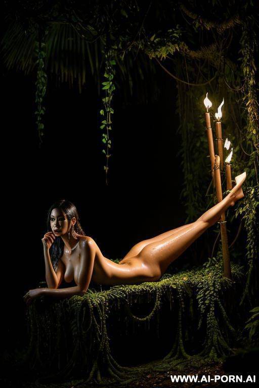 nude woman, in a jungle clearing, lying on a pedestal, night, wet, torchlight, dramatic lighting, circle of torches, covered in vines, - #main