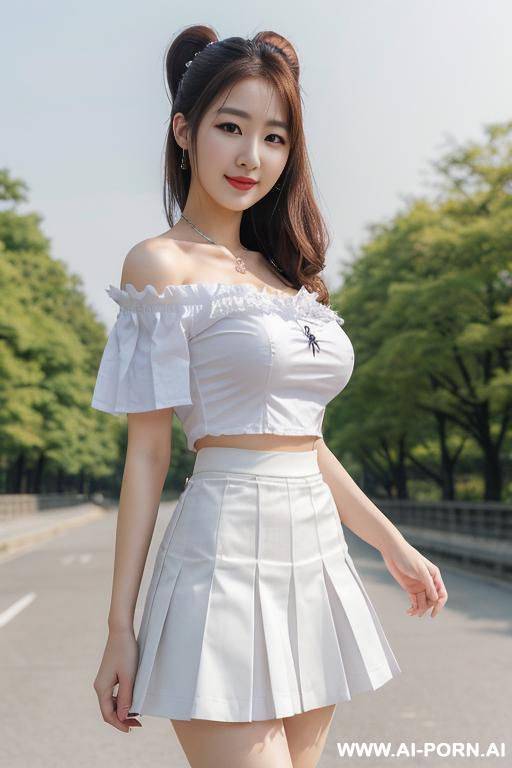 hi quality picture, super realistic, japanese woman uniform, white shirt has big bow, shots blue skirt, - #main