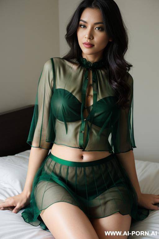 sit on bed, dark night bedroom, unbuttoned transparent green blouse, natural breast, green skirt, thick thigh, fit hip , green bangles - #main