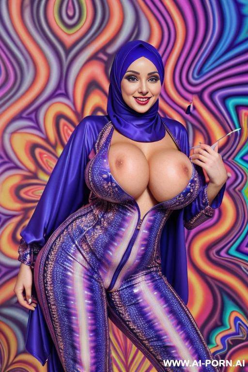 smiling curvy russian busty with huge boobs wearing hijab fully naked standing with dick in her hand - #main