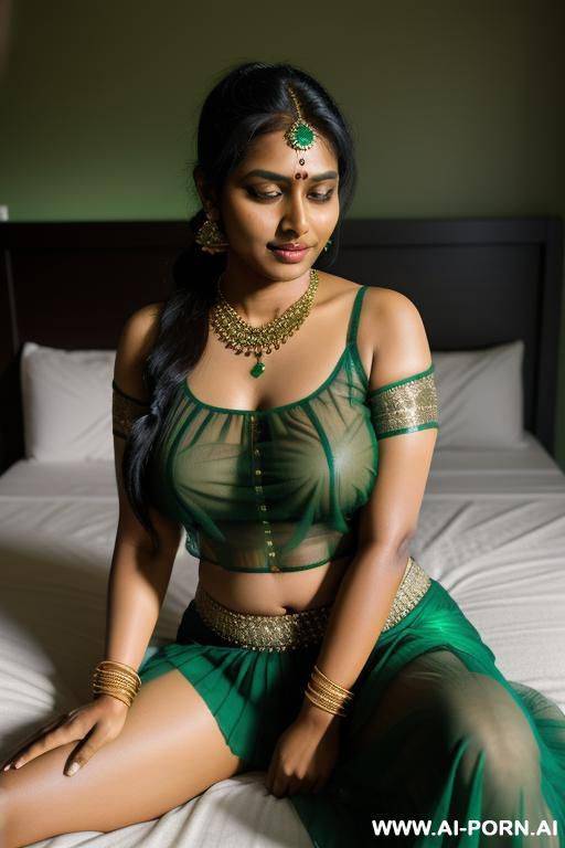 indian woman, 40 years old, sit on bed, dark night bedroom, unbuttoned transparent green blouse, natural breast, green skirt, thick thigh, fit hip , green bangles, necklace, nipples, ponytail - #main