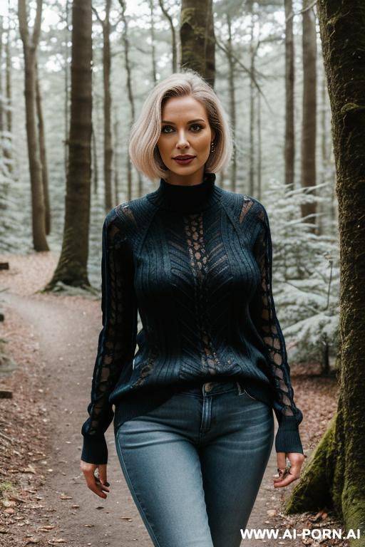 frau im wald, pullover und jeans, kuzes hellgraues haar, lachend, portrait, - #main