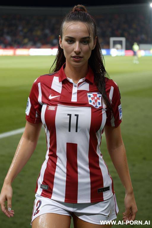 topless, full body view, croatian soccer uniform, wet skin, soccer stadium - #main