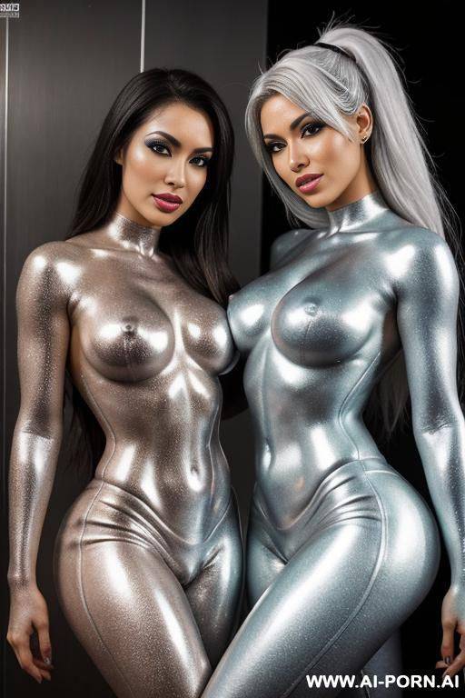 multiple gorgeous brazilian bimbos completely covered in silver bodypaint - #main