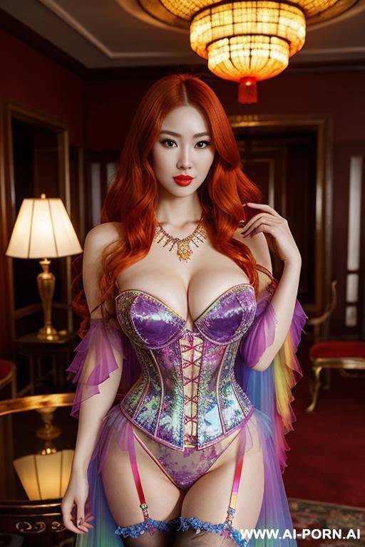 chinese, rainbow transparent corset，tutu skirt， mesh robe，rainbow light red transparent bra ,necklace，rainbow large pointed thigh-high boots - #main