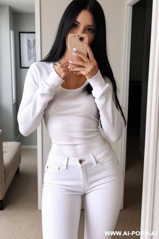 woman tight white sweatshirt jeans selfie photo in the mirror - #main