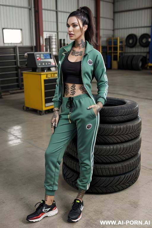 woman mechanic tracksuits short top in a tire repair plant tatoo green - #main