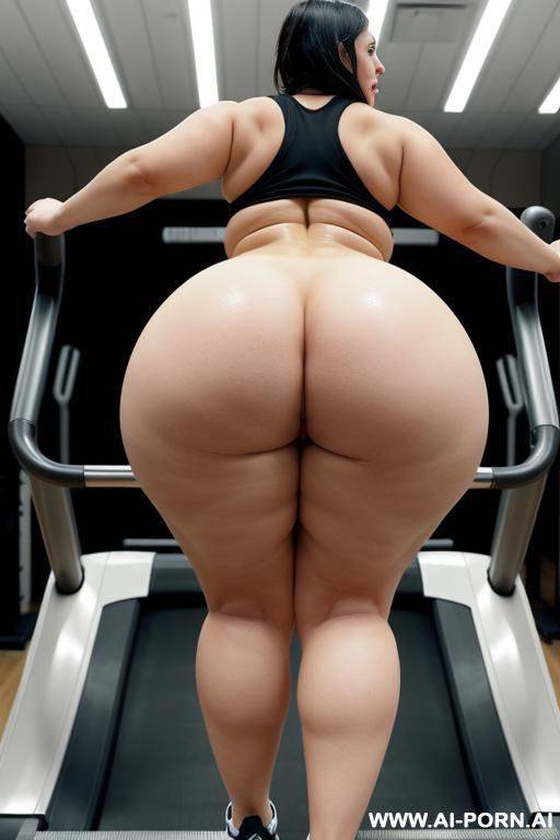 naked chubby slut at the gym, massive fat saggy breasts, wide pelvis, thick thighs, fat belly, gigantic round buttocks. walking on treadmill. - #main