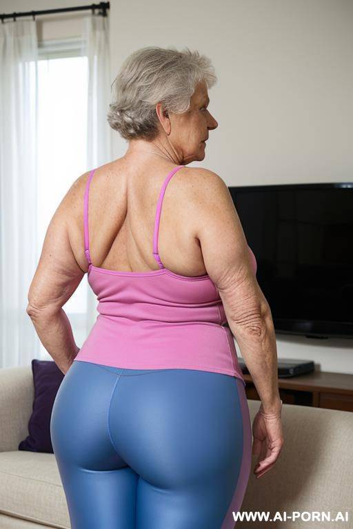 back view, old chubby woman, very old woman, fit, triangular hips, thick thighs, old woman, wearing blue leggings, old woman, wearing pink tank top, old woman, hands on hips, old woman in the living room in front of the television - #main