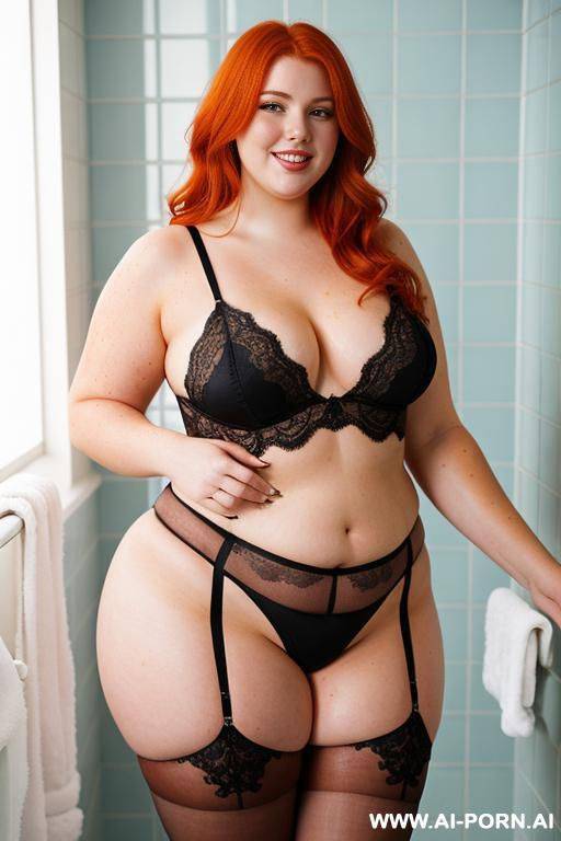 half body photo, as a setting in the shower area, a thick fat british redhead bbw, she is getting ready to take a hot shower, she has no loving arms and a medium soft belly, she has - #main