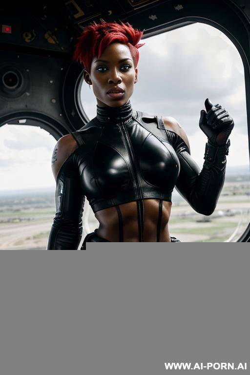 black muscular woman soldier in black camouflage trousers. red short punk hair. sweat, grime. holding laser. onboard spaceship. symmetrical eyes. - #main