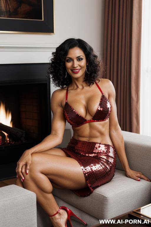 indian, milf, short hair, fit, abs, big ass, arms up, muscular arms, navel piercing, red sequin bra, red pleat skirt, tall, looking at camera, full body, stiletto, fireplace, sitting on couch cross-legged, sideways - #main