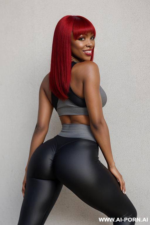 sporty woman wearing grey leggings and tight fitting red too - #main