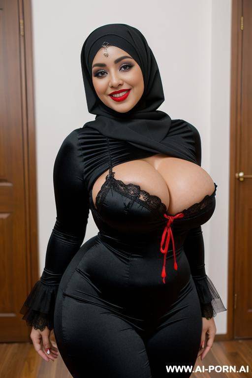 smiling curvy russian busty with huge boobs wearing hijab fully naked standing black - #main