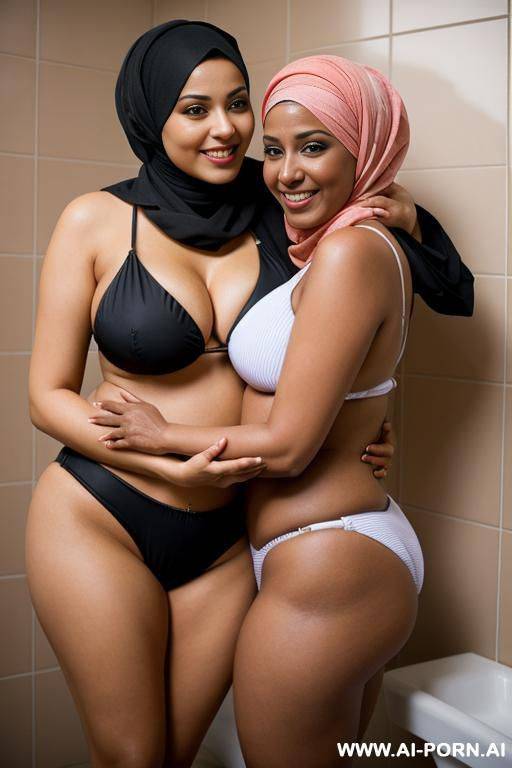 smiling curvy egyptian busty wearing hijab and bikini hugged from black grandpa in bathroom - #main