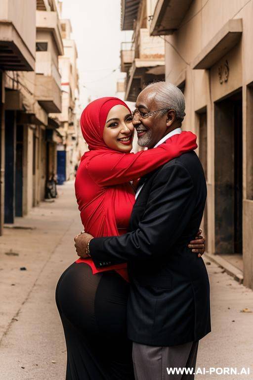 smiling curvy egyptian busty wearing hijab and red lingerie hugged from black grandpa in street - #main