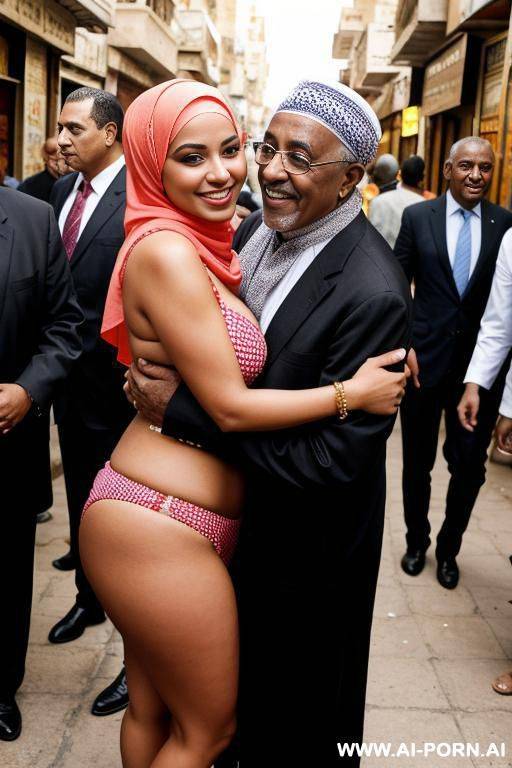 smiling curvy egyptian busty wearing hijab and bikini hugged from black grandpa in crowded street - #main