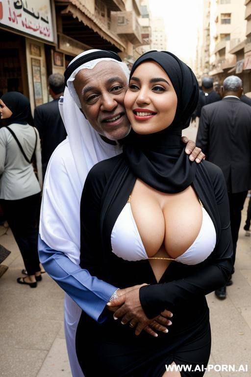 smiling curvy arabic busty wearing hijab and bikini hugged from black grandpa in crowded street - #main