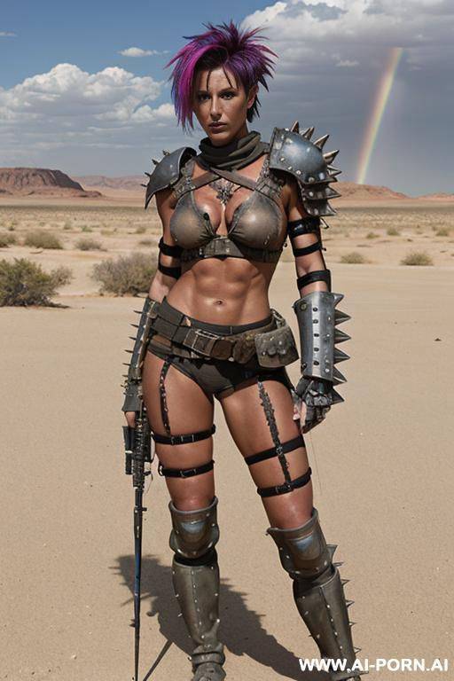 soldier on a desert battlefield. muscular body with toned abs. shorty, spiky punk hair. sweat and grime on body. armoured shoulder pads. armoured legs. holding crossbow in hand. fallout raider. mad max. - #main