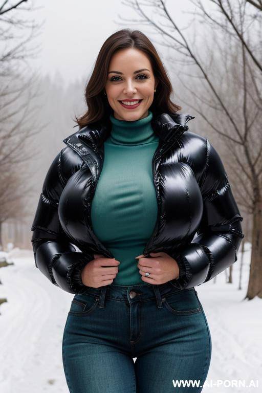 brunette suburb mom wearing black shiny puffer jacket, hiking in the snow, blue jeans, green shirt, eye contact - #main